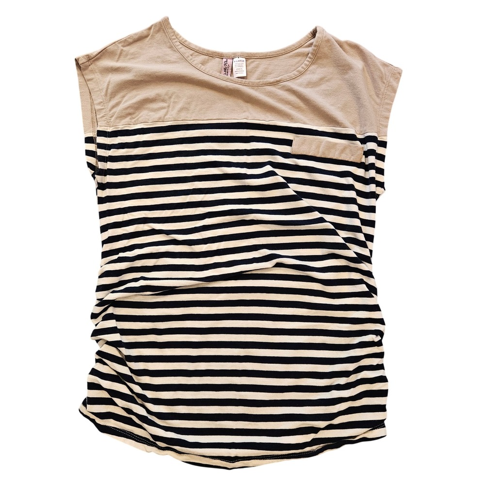 Mom's the Word Maternity Striped Ruched Side Cap Sleeve Top XL Tan Navy